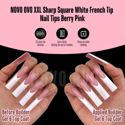 XXL Sharp Square White French Tip Nail Tips Berry Pink 150