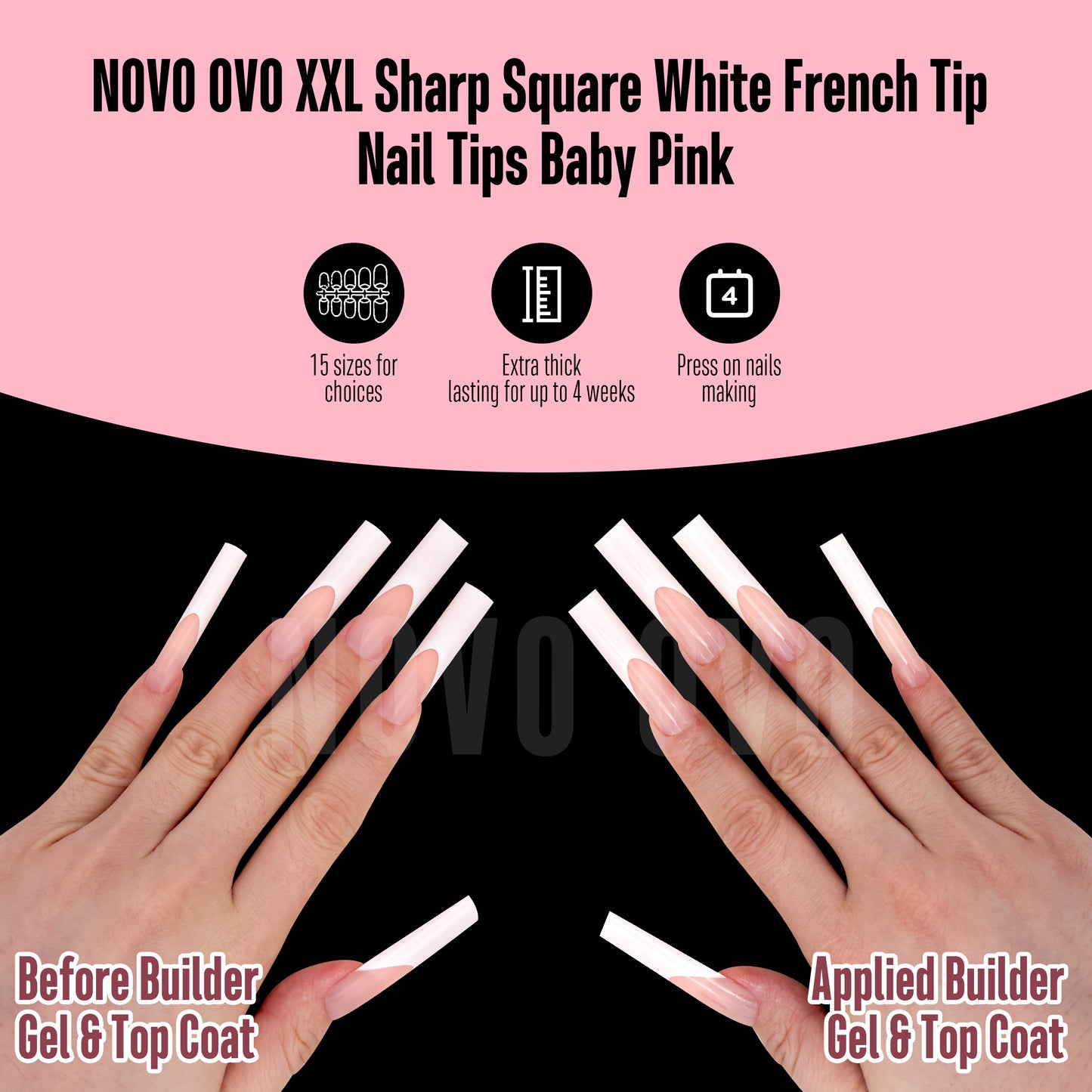 XXL Sharp Square White French Tip Naili Tips Baby Pink 150