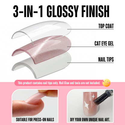 Short Sharp Square Cat Eye Nail Tips Light Pink