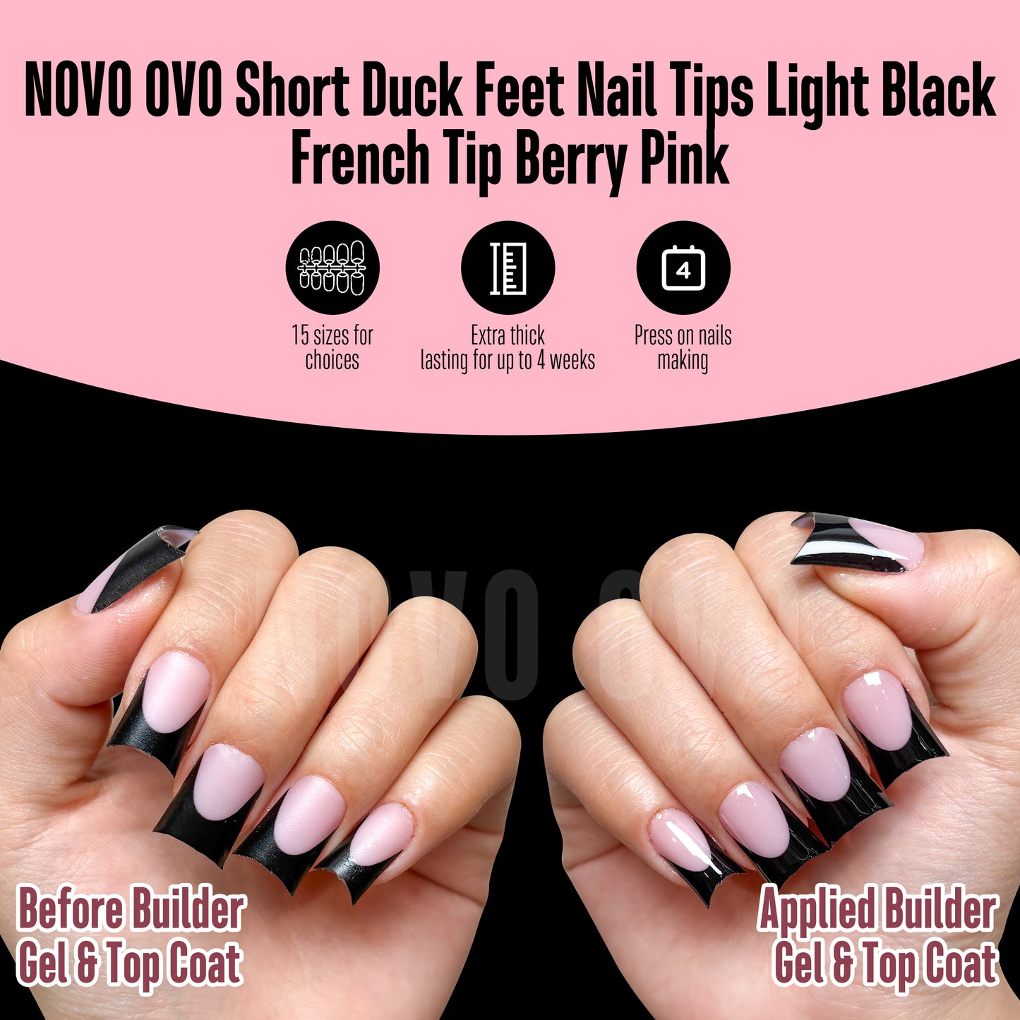Duck Nails Short with Moon Curve Black French Tips Berry Pink