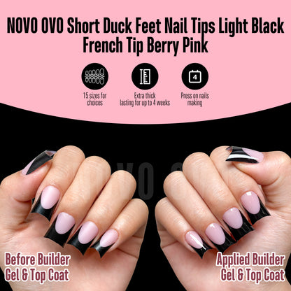 Duck Nails Short with Moon Curve Black French Tips Berry Pink