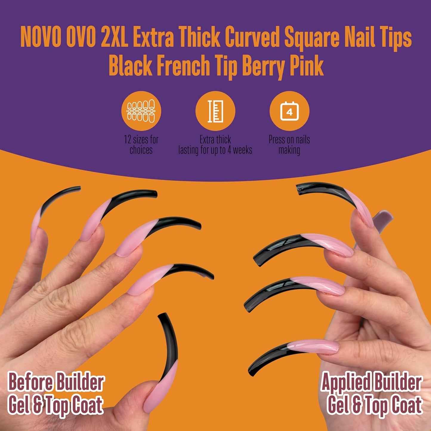 Halloween Curved Square XXL Black French Tip Nail Tips