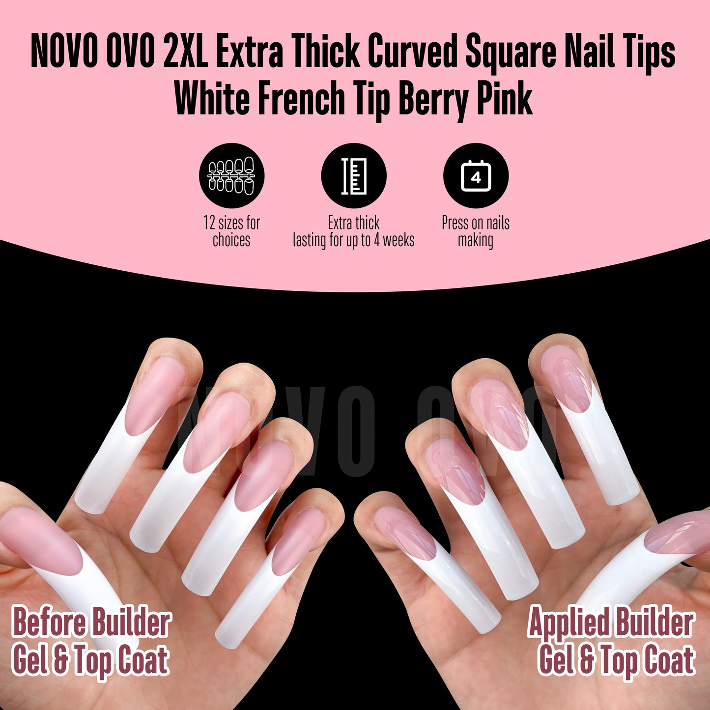 XXL Curved Square White French Tip Nail Tips 144