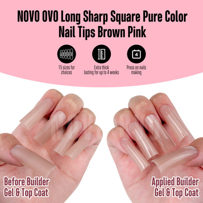 Long Sharp Square Pure Color Nail Tips Brown Pink 180