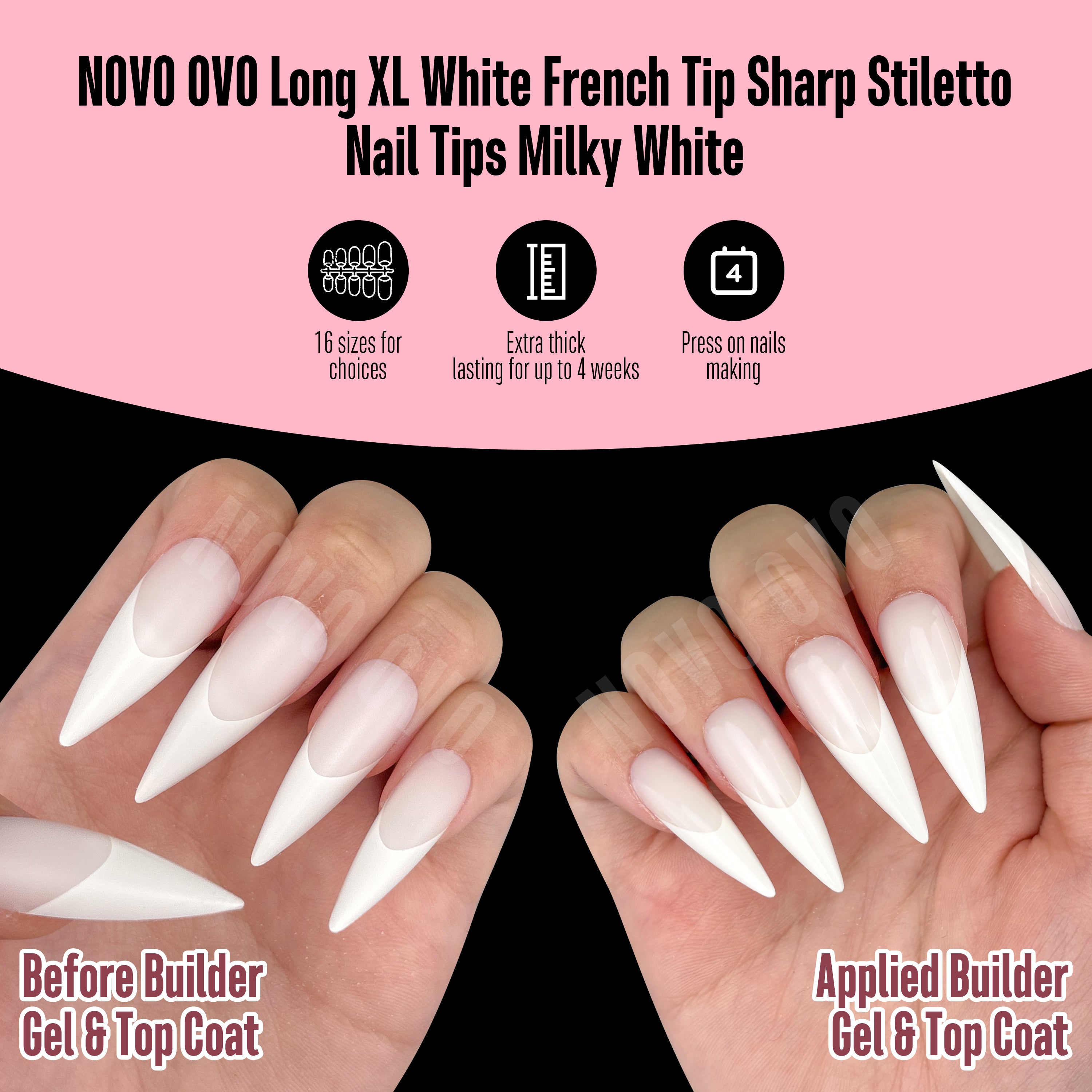 Long XL White French Tip Sharp Stiletto Nail Tips Milky White