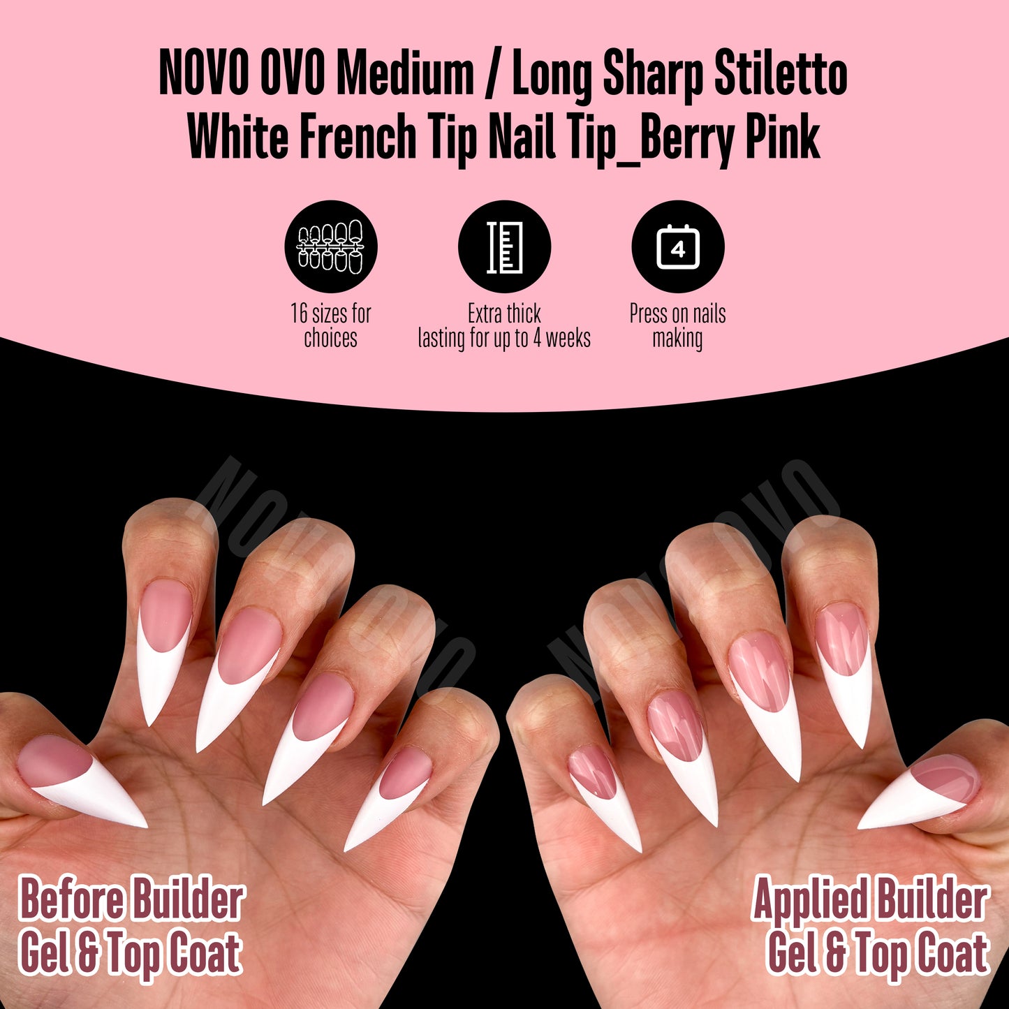 Medium or Long White French Tip Sharp Stiletto Nail Tips Berry Pink