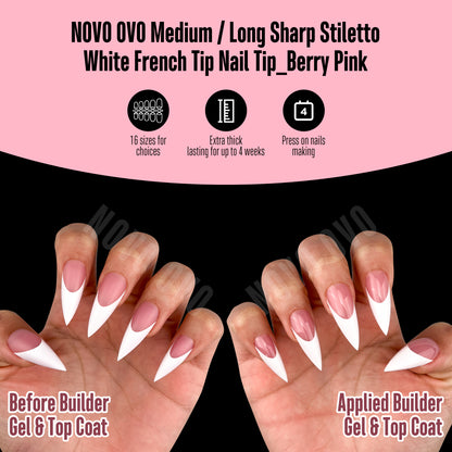 Medium or Long White French Tip Sharp Stiletto Nail Tips Berry Pink