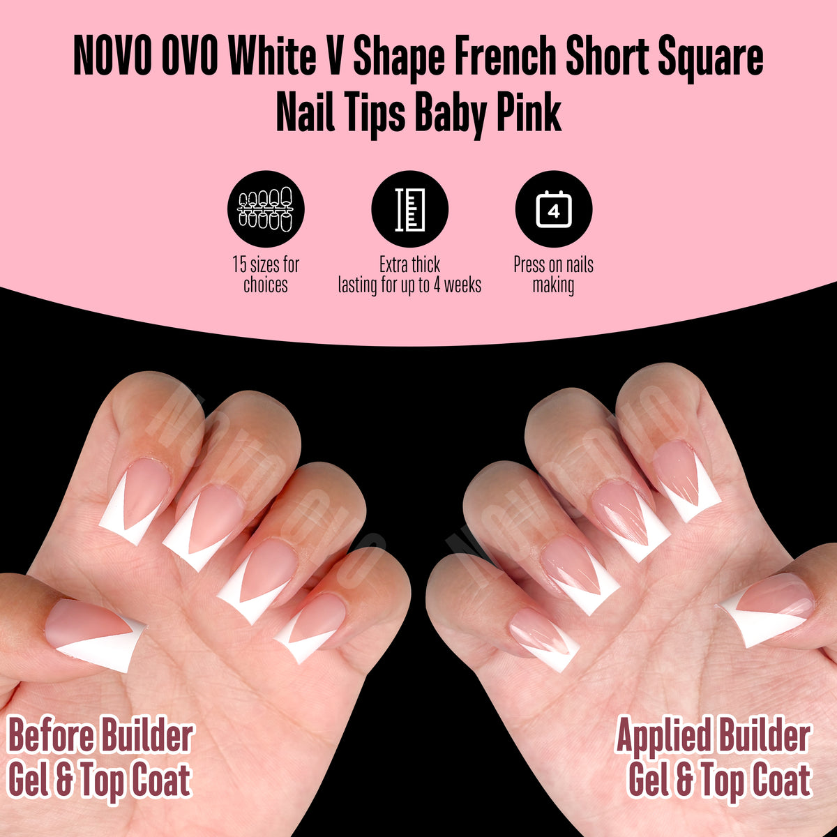 White V Shape French Short Square Nail Tips Baby Pink 240