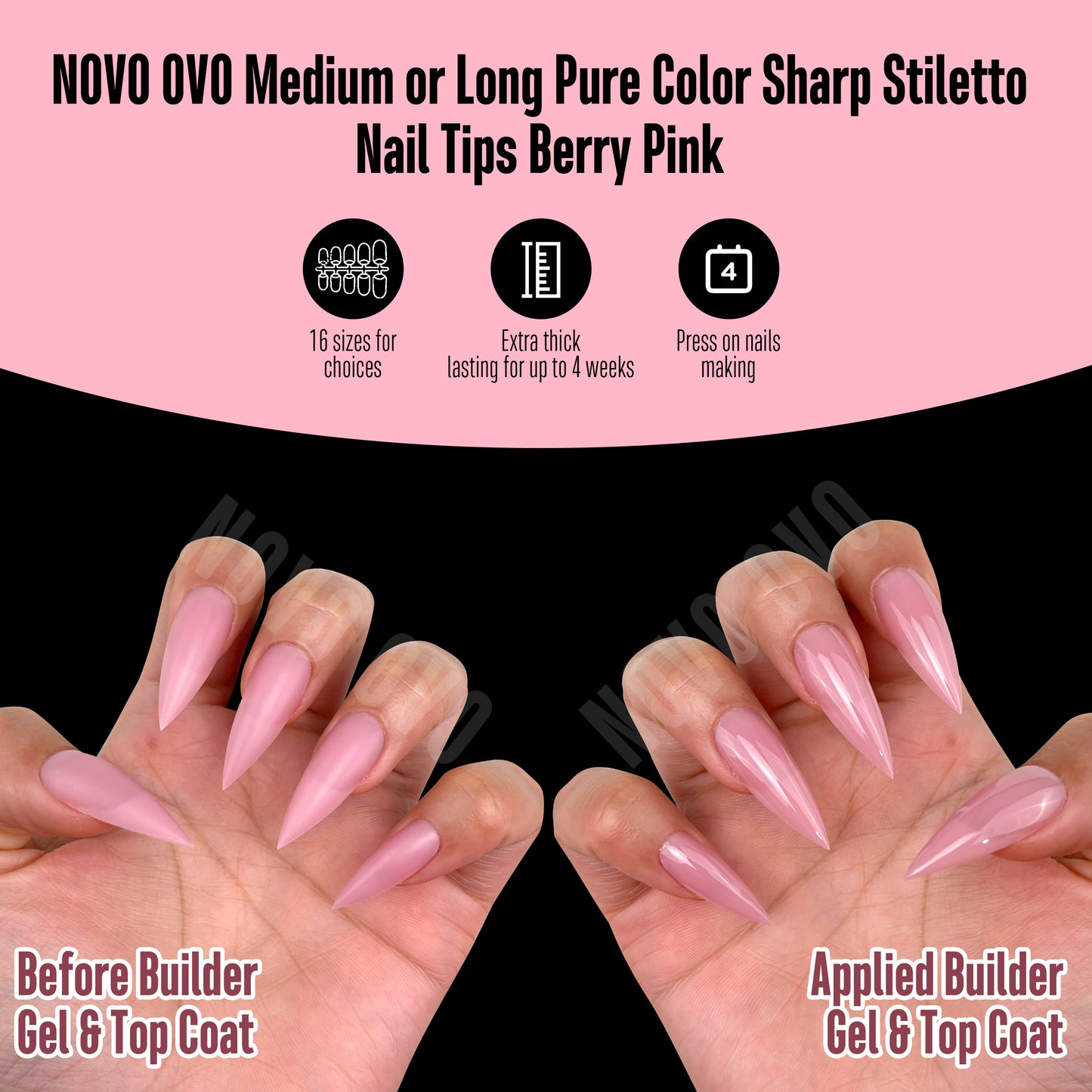 Medium or Long Pure Color Sharp Stiletto Nail Tips Berry Pink