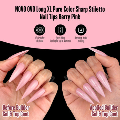 Long XL Pure Color Sharp Stiletto Nail Tips Berry Pink