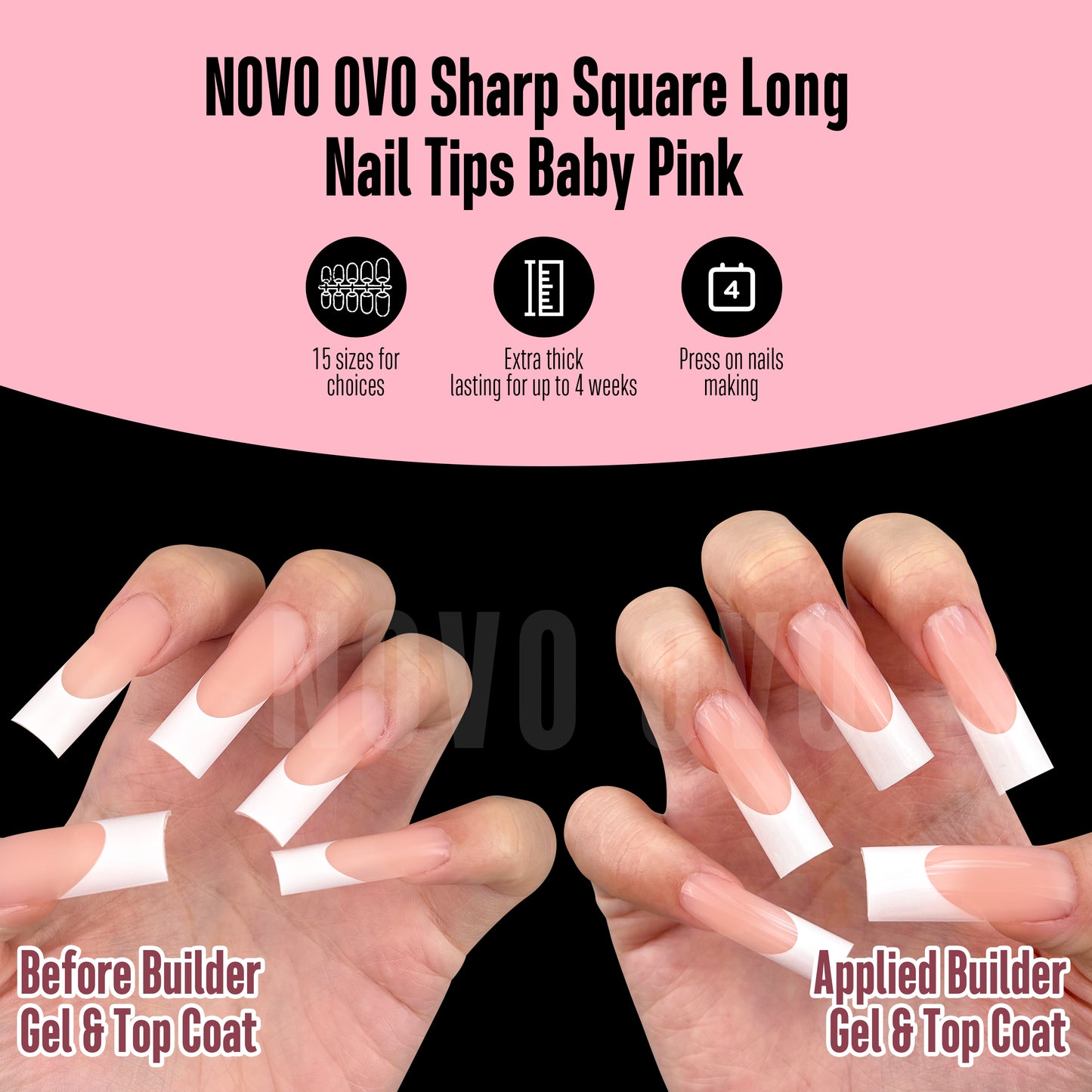 Long Sharp Square White French Tip Nail Tips Baby Pink 180