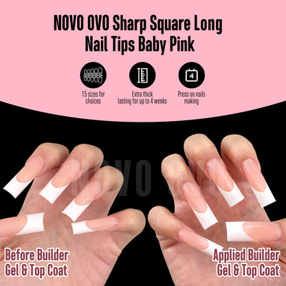 Long Sharp Square White French Tip Nail Tips Baby Pink 180
