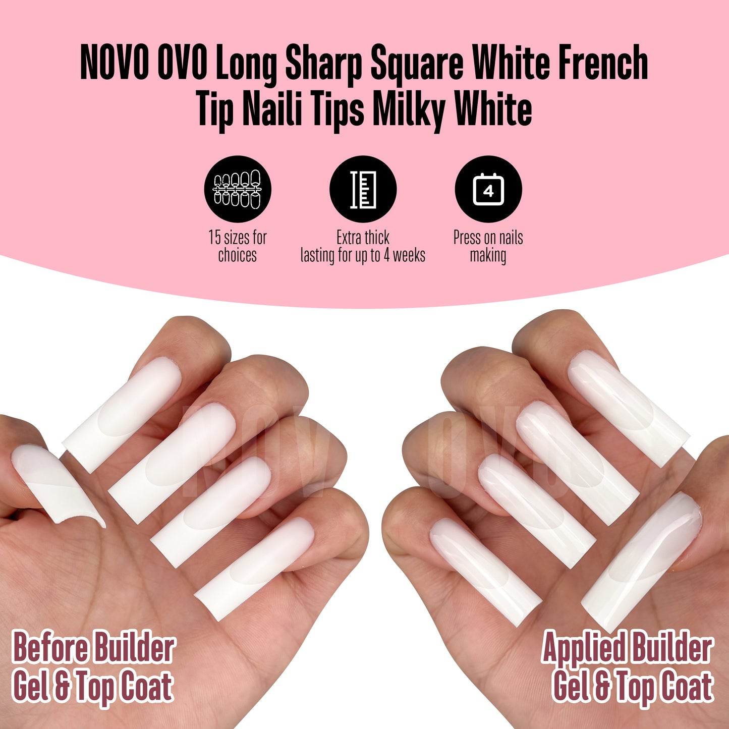 Long Sharp Square White French Tip Nail Tips Milky White