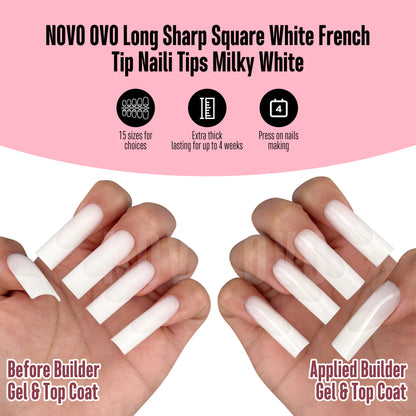 Long Sharp Square White French Tip Nail Tips Milky White