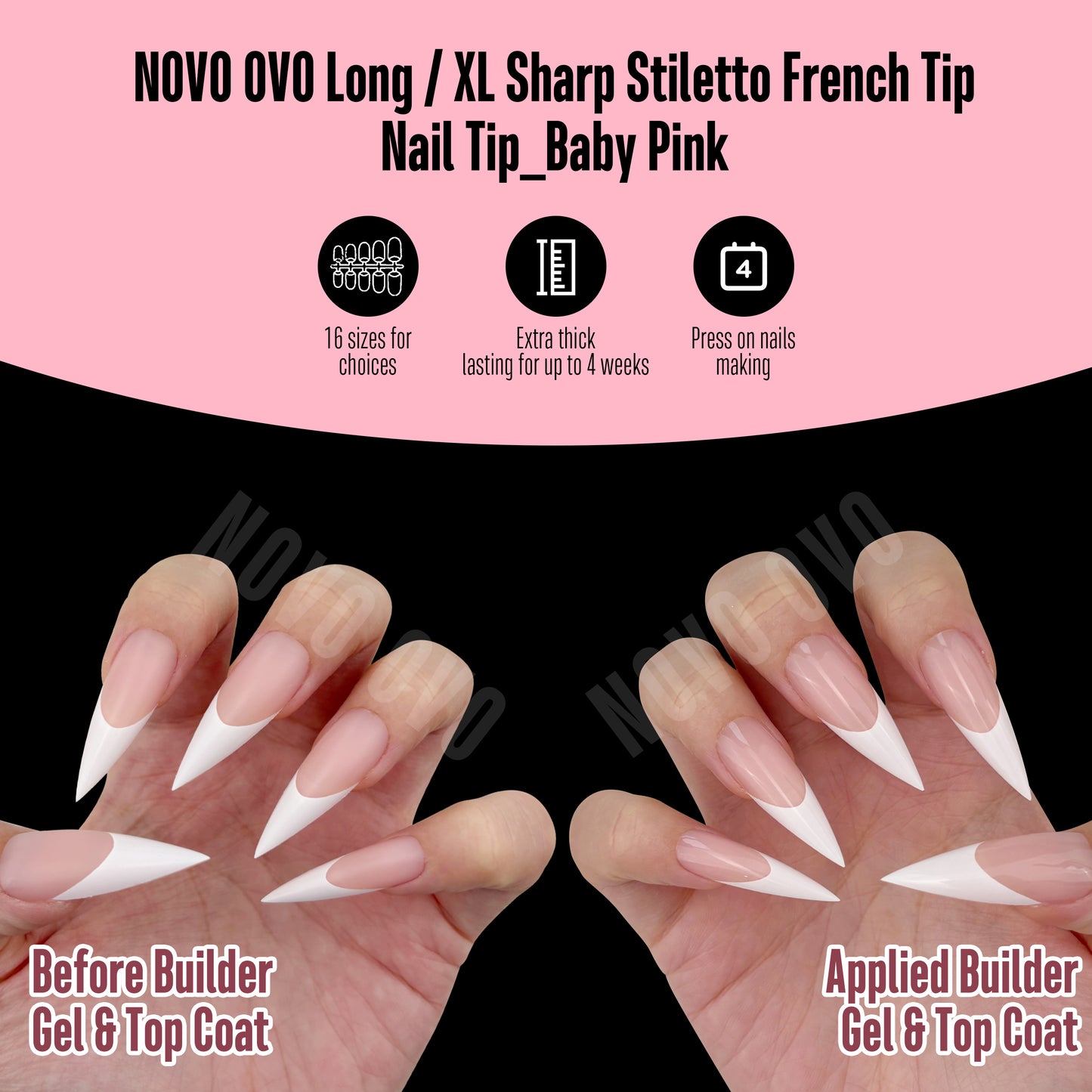Long XL Sharp Stiletto White French Tip Nail Tips Baby Pink