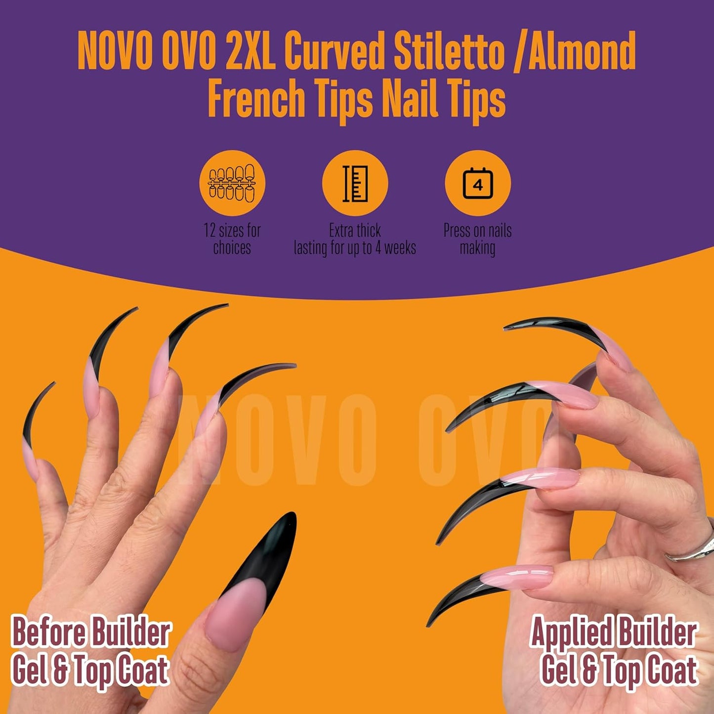 Halloween Black XXL Curved Stiletto Almond Black French Tip Nail Tips