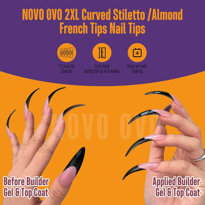 Halloween Black XXL Curved Stiletto Almond Black French Tip Nail Tips