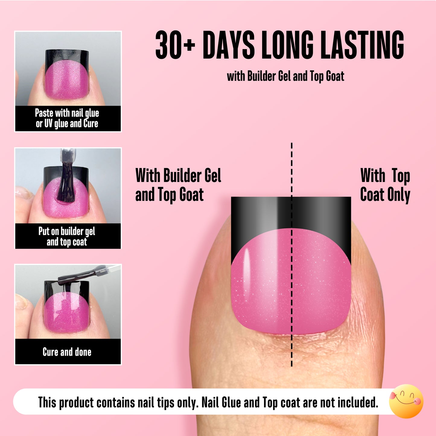 Sharp Square Toe Nail Tips Black French Tip Rose Pink