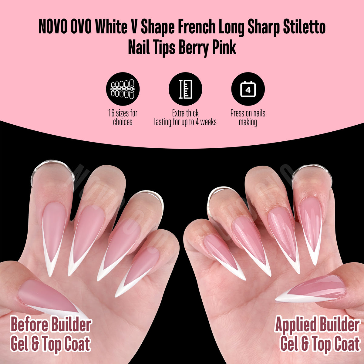 White V Shape French Long Sharp Stiletto Nail Tips Berry Pink
