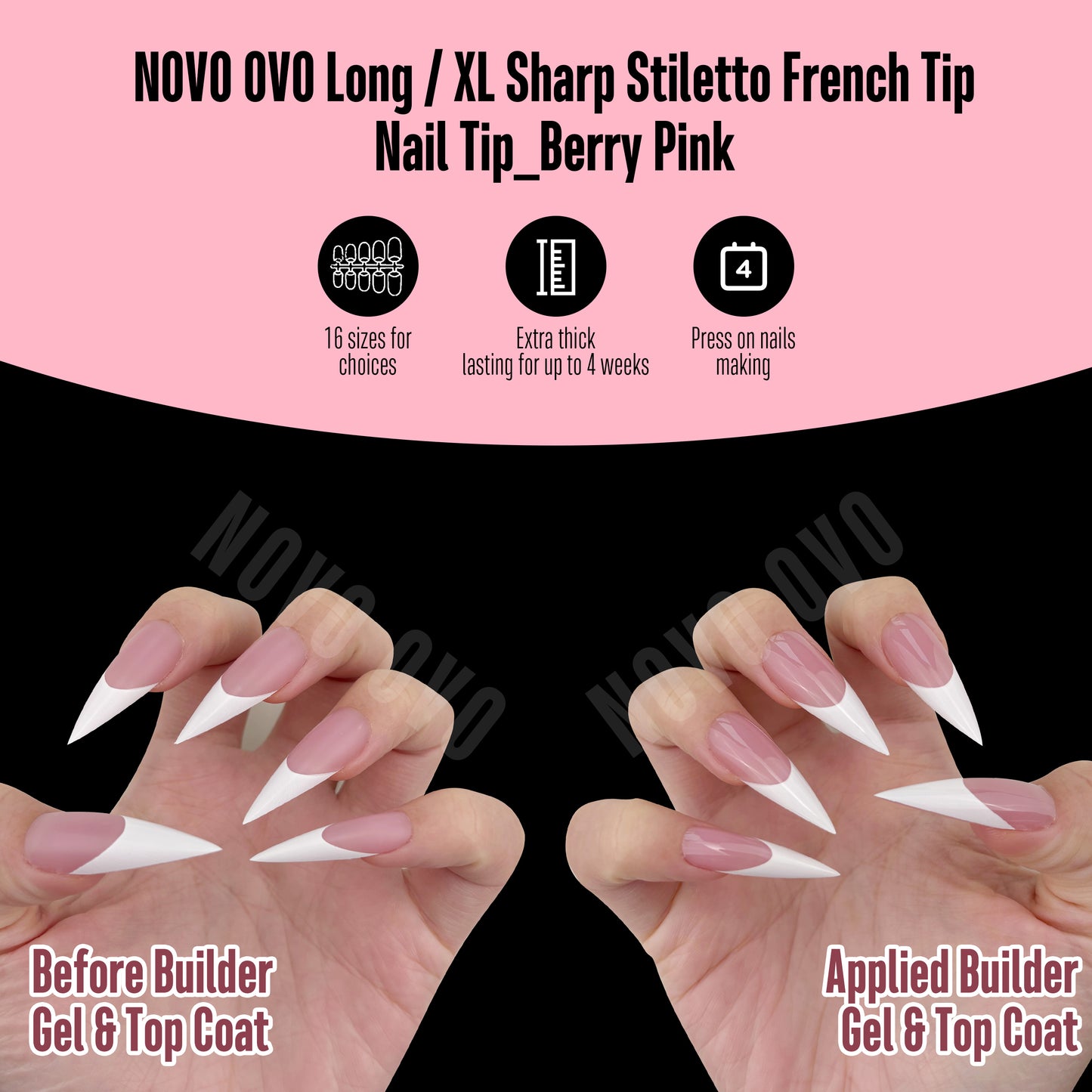 Long XL Sharp Stiletto White French Tip Nail Tips Berry Pink