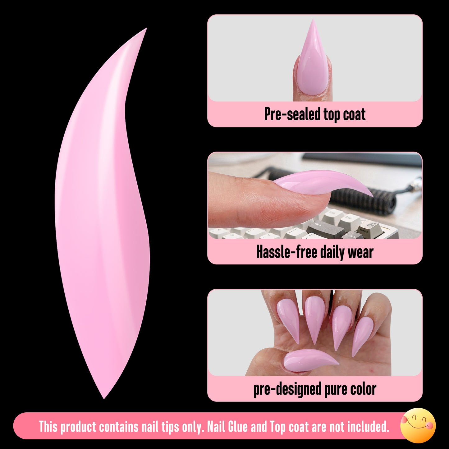Cat Claw Short Curved Stlettio 3D Nail Tips Pink 128