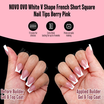 White V Shape French Short Square Nail Tips Berry Pink 240
