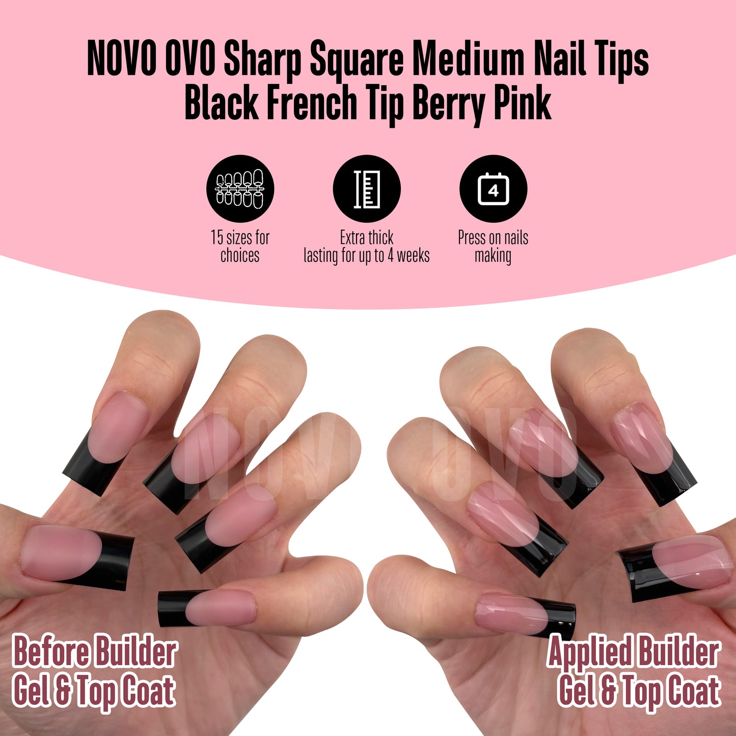 Meidum Sharp Square Black French Tip Naili Tips Berry Pink 180