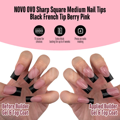 Meidum Sharp Square Black French Tip Naili Tips Berry Pink 180
