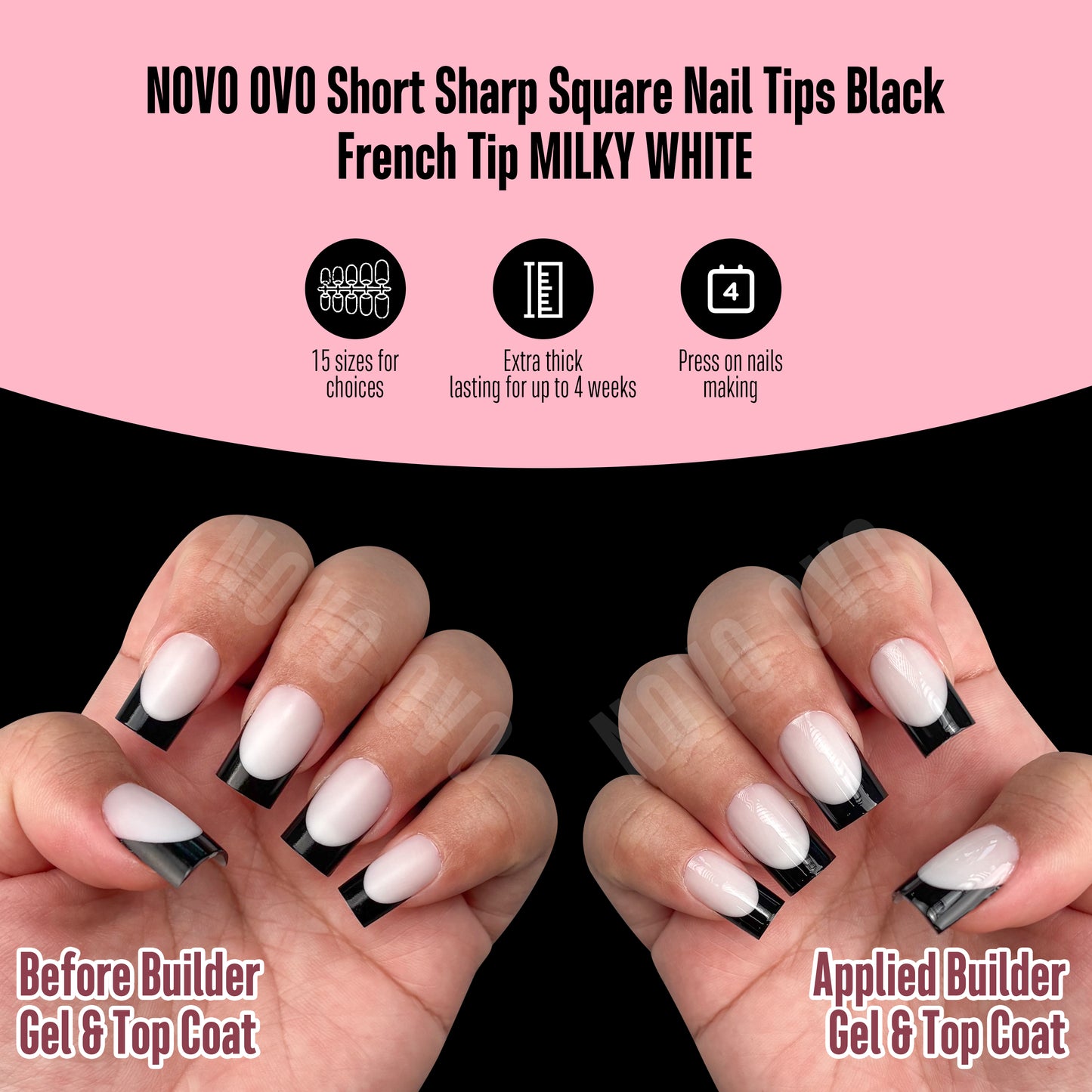 Short Sharp Square Nail Tips Black French Tip MILKY WHITE