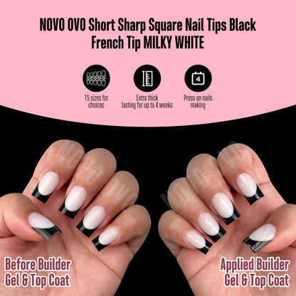 Short Sharp Square Nail Tips Black French Tip MILKY WHITE