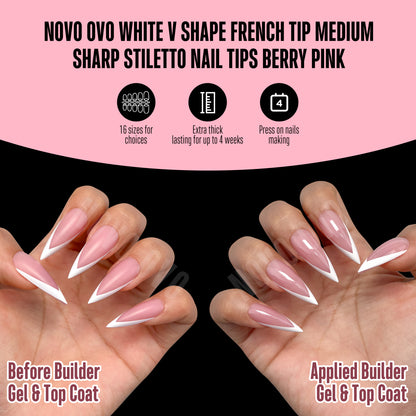 White V Shape French Tip Medium Sharp Stiletto Nail Tips Berry Pink