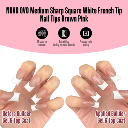 Medium Sharp Square White French Tip Nail Tips Brown Pink 180