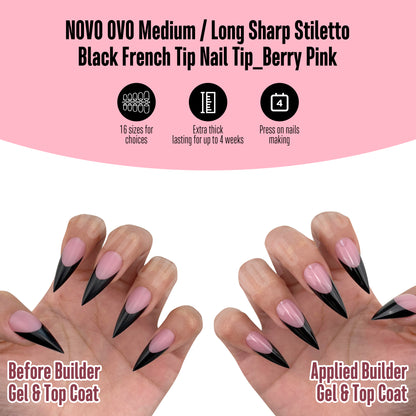 Medium or Long Black French Tip Sharp Stiletto Nail Tips Berry Pink