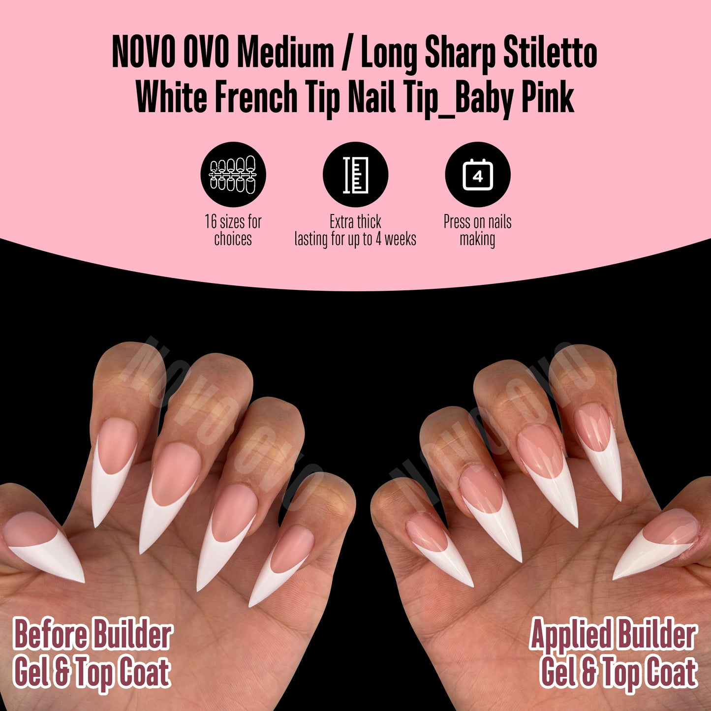 Medium or Long White French Tip Sharp Stiletto Nail Tips Baby Pink