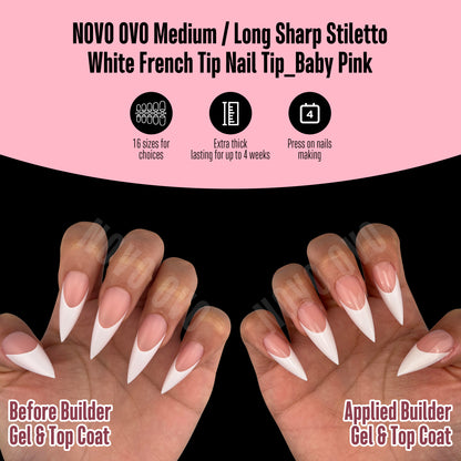 Medium or Long White French Tip Sharp Stiletto Nail Tips Baby Pink