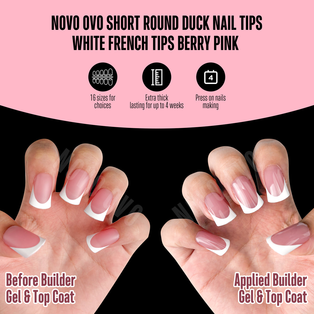 Short Round Duck Nail Tips White French Tips Berry Pink 240