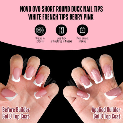 Short Round Duck Nail Tips White French Tips Berry Pink 240