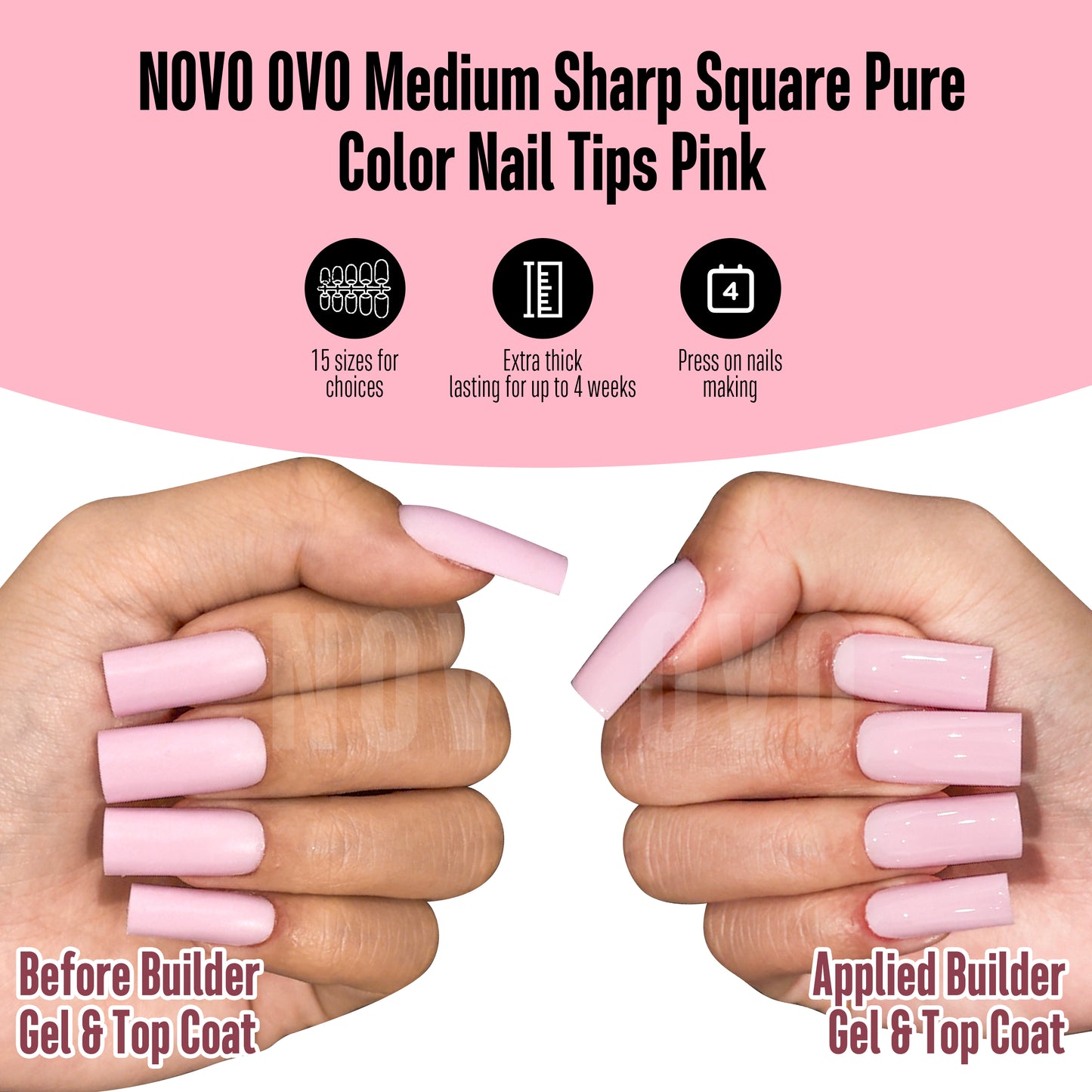 Meidum Sharp Square Pure Color Nail Tips Pink