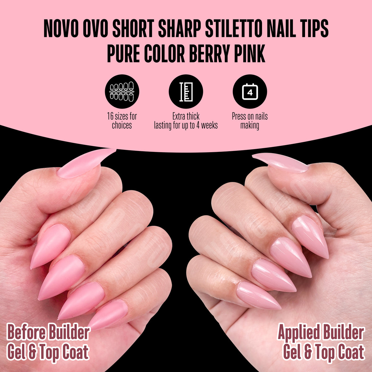 Short Sharp Stiletto Nail Tips Pure Color Berry Pink 224