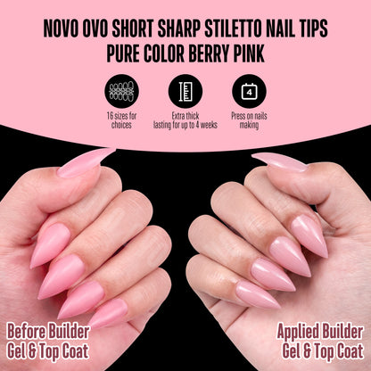Short Sharp Stiletto Nail Tips Pure Color Berry Pink 224