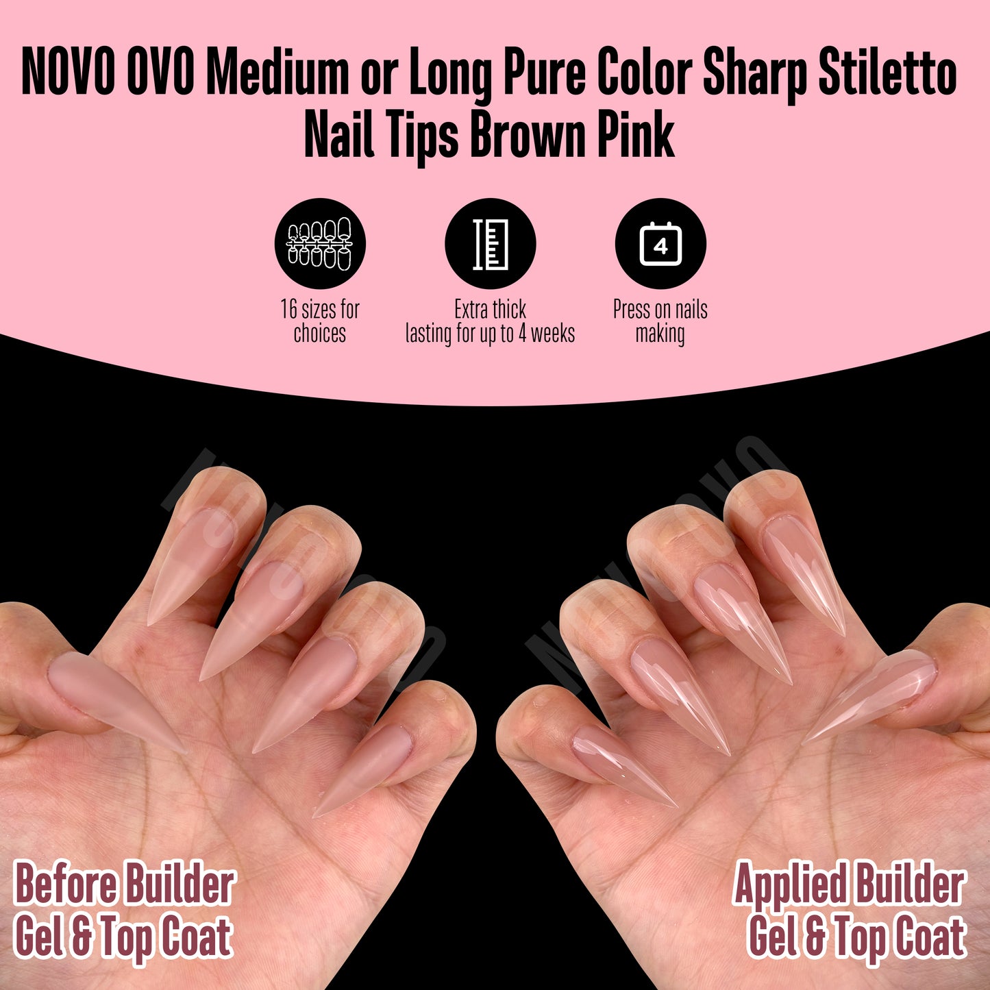 Medium or Long Pure Color Sharp Stiletto Nail Tips Brown Pink