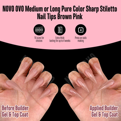 Medium or Long Pure Color Sharp Stiletto Nail Tips Brown Pink