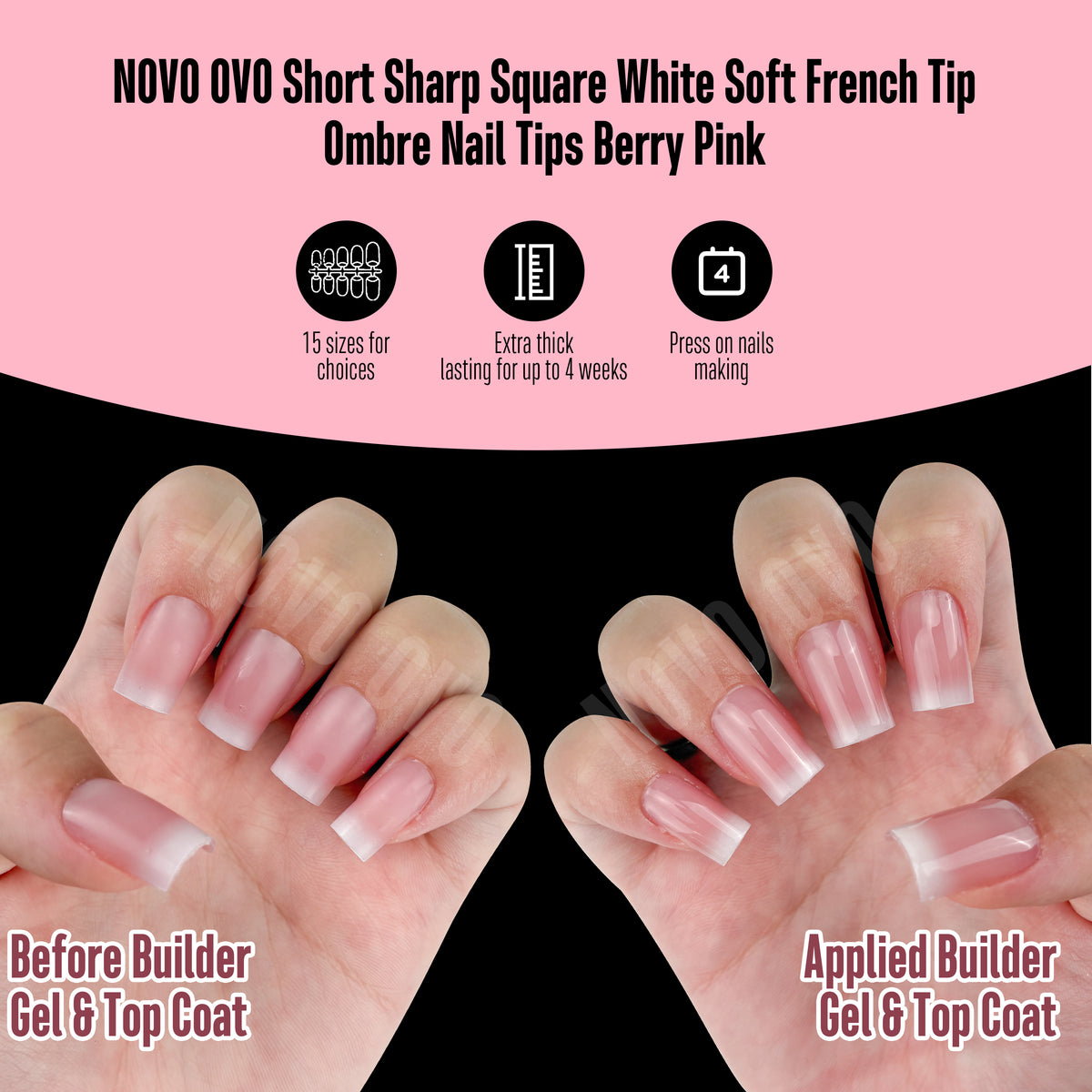 Short Sharp Square White Soft French Tip Ombre Nail Tips Berry Pink 240