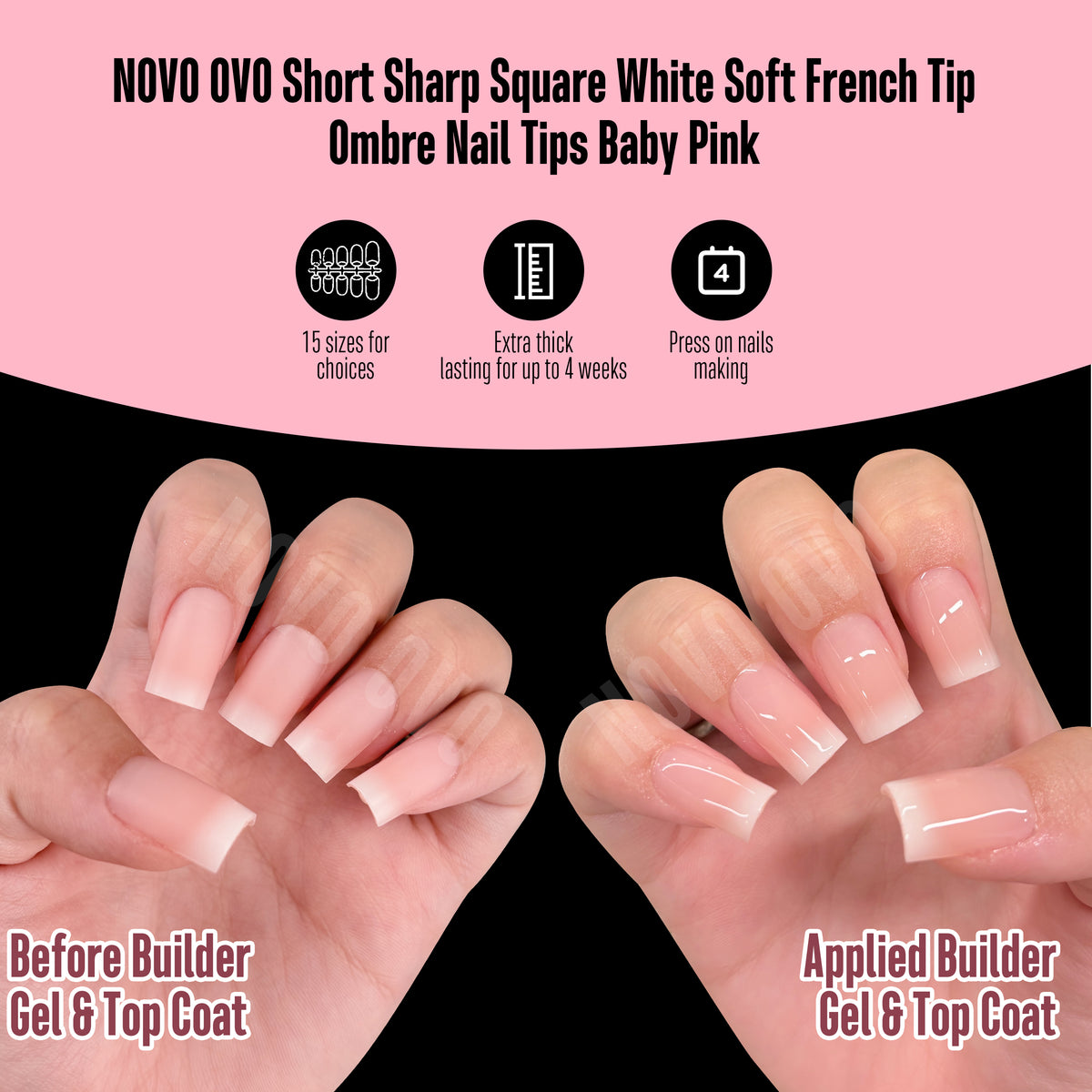 Short Sharp Square White Soft French Tip Ombre Nail Tips Baby Pink 240