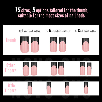 Meidum Sharp Square Black French Tip Nail Tips Baby Pink 180