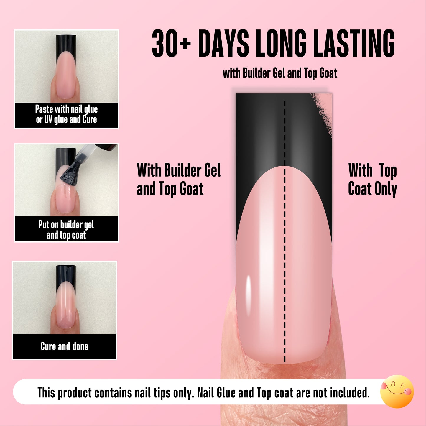 Long Sharp Square Black French Tip Nail Tips Baby Pink 180