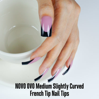 Halloween Black M Curved Square Nail Tip Black French Tips Berry Pink