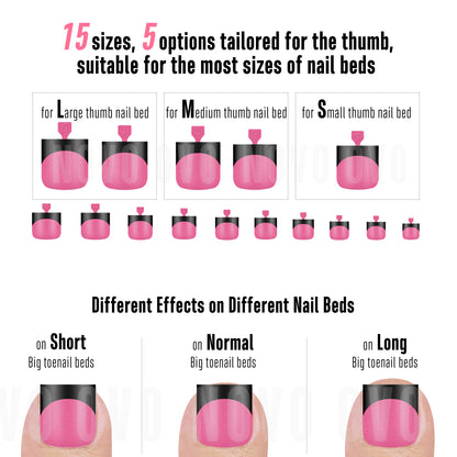 Sharp Square Toe Nail Tips Black French Tip Rose Pink