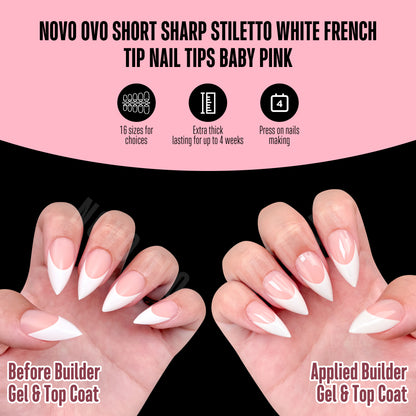 Short Sharp Stiletto White French Tip Nail Tips Baby Pink 160
