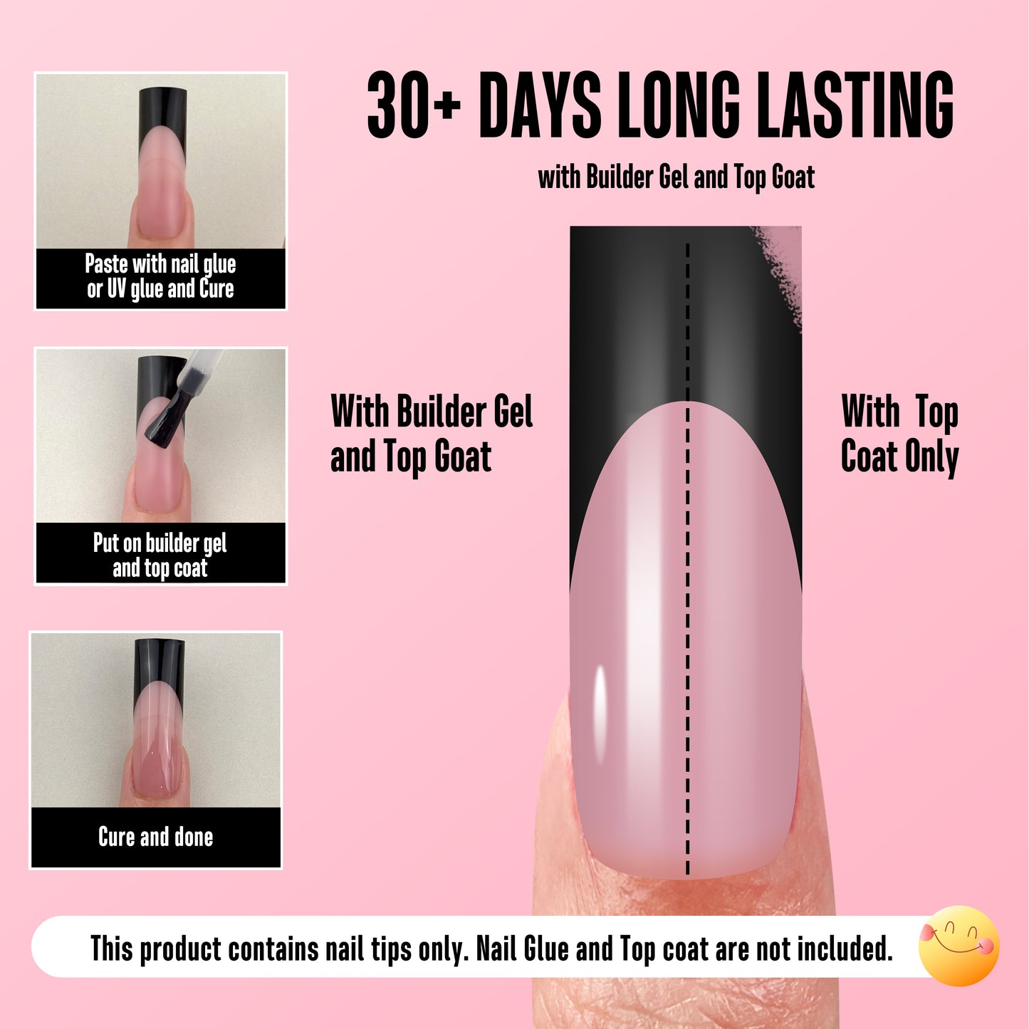 Long Sharp Square Black French Tip Nail Tips Berry Pink 180